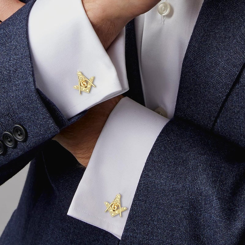 AMITER Masonic Tie Clip and Cufflinks Set, 18K Gold Mens Necktie Bar Cuff Links Personalized Gift for Freemason Husband Father Boyfriend - Image 2